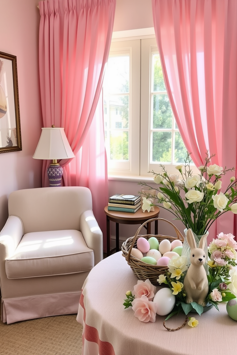 A cozy reading nook adorned with pastel-colored curtains that gently filter sunlight, creating a soft and inviting atmosphere. A plush armchair is positioned next to a small side table, where a stack of books and a decorative lamp add to the charm of this serene corner. For Easter decorating ideas, a beautifully arranged table features pastel-colored eggs nestled in a basket, surrounded by fresh spring flowers in soft hues. Delicate bunny figurines and seasonal decor enhance the festive ambiance, making the space feel cheerful and welcoming.