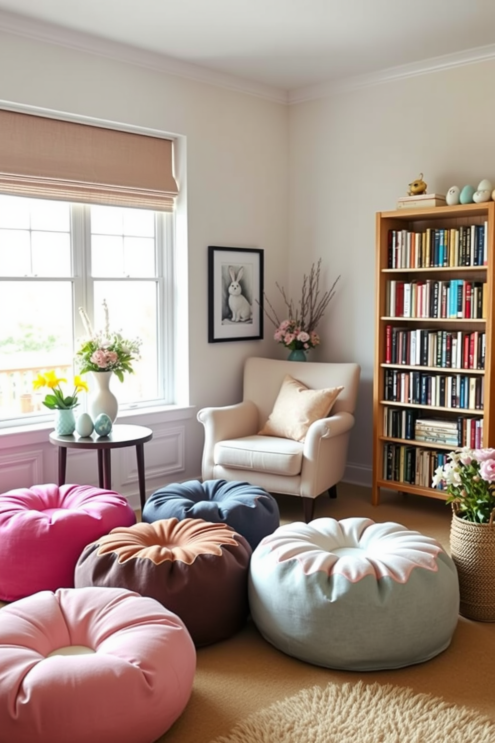 Comfortable poufs for extra seating. The room features a cozy corner with vibrant poufs in various colors and textures, providing a casual and inviting atmosphere for relaxation and conversation. Reading Nook. A serene reading nook is created with a plush armchair, a small side table, and a tall bookshelf filled with books, all bathed in soft natural light from a nearby window. Easter Decorating Ideas. The space is adorned with pastel-colored decorations, including decorative eggs and floral arrangements, creating a festive and cheerful ambiance for the Easter celebration.