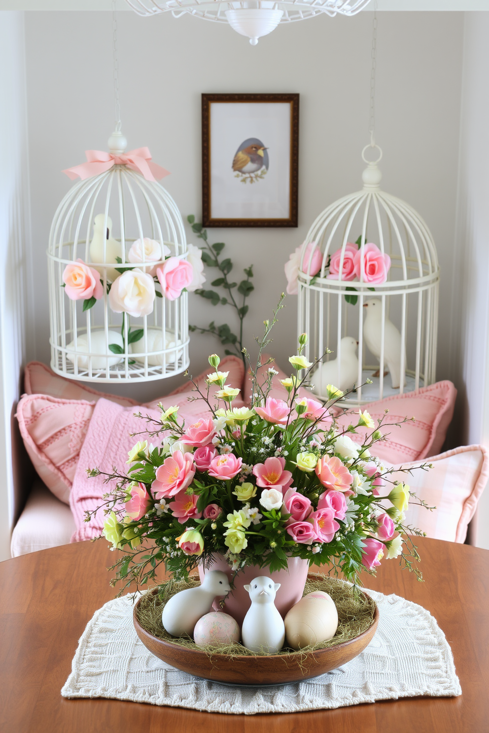 A cozy reading nook featuring decorative birdcages adorned with faux flowers. The nook is filled with plush cushions and a soft throw blanket, creating a warm and inviting atmosphere. Easter decorating ideas include pastel-colored accents and whimsical decorations. A beautifully arranged table centerpiece with seasonal flowers and charming Easter-themed ornaments enhances the festive spirit.