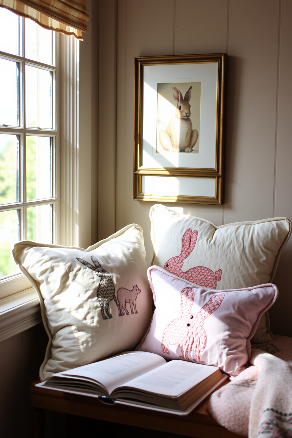 A cozy reading nook adorned with quilted throw pillows featuring charming bunny prints. The nook is bathed in soft natural light, creating an inviting atmosphere perfect for enjoying a good book.