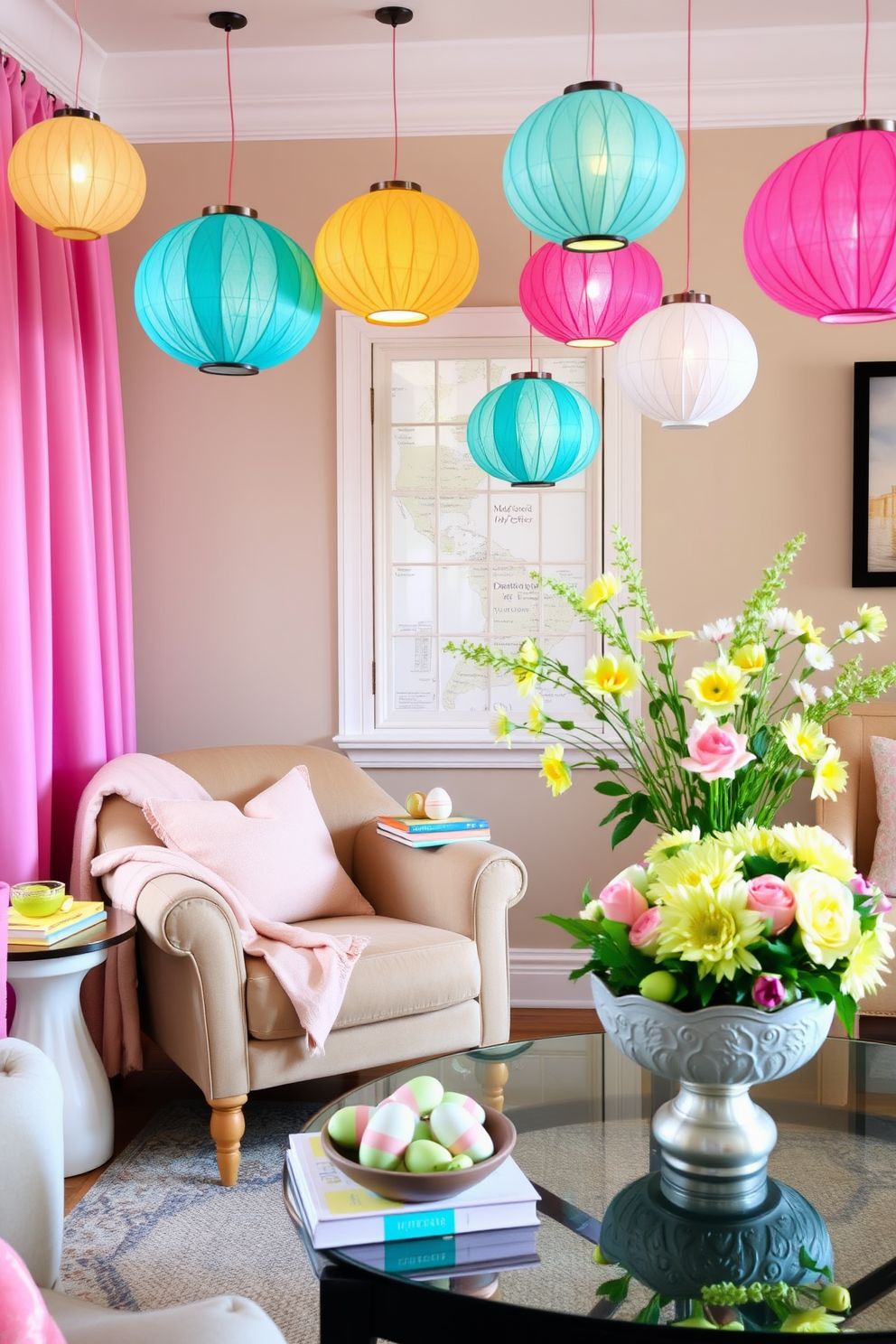 A cozy reading nook adorned with hanging paper lanterns in soft spring colors. The nook features a plush armchair draped with a pastel throw blanket and a small side table holding a stack of colorful books. Easter decorating ideas include a whimsical arrangement of pastel eggs in a decorative bowl on the coffee table. Fresh flowers in a vase add a cheerful touch to the space, enhancing the festive atmosphere.