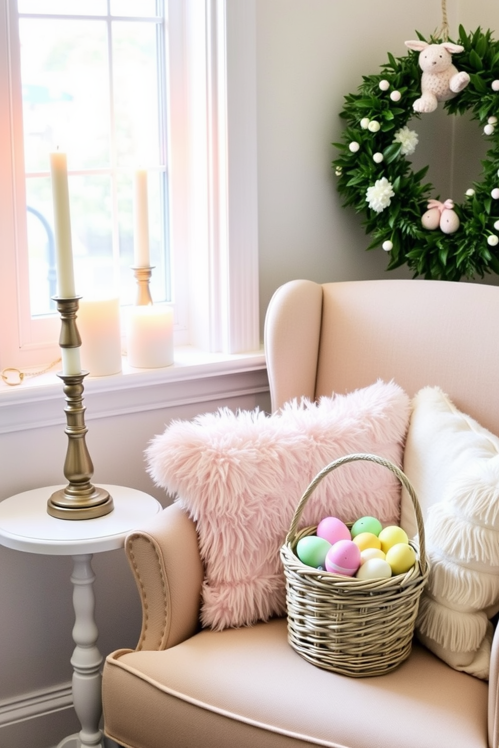 A cozy reading nook adorned with Easter-themed candles that cast a warm and inviting glow. Plush cushions in pastel colors are scattered across a comfortable armchair, while a small side table holds a decorative basket filled with colorful Easter eggs.