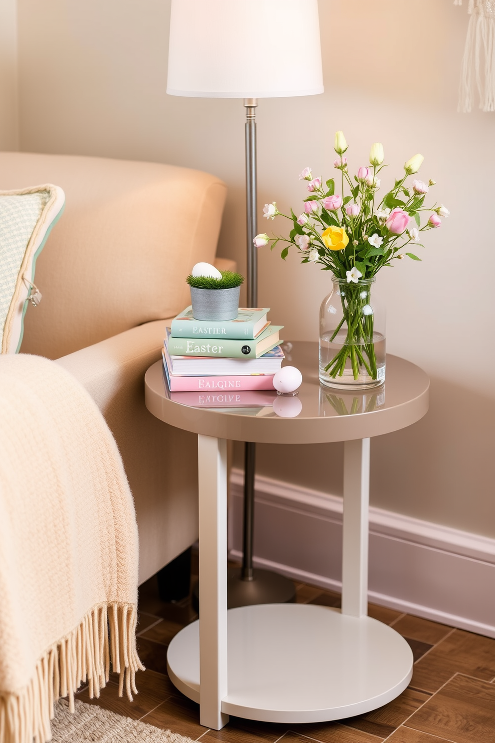 Chic side table with seasonal decor. The table features a sleek design with a glossy finish, adorned with a small potted plant and a stack of colorful books. Reading nook with a cozy atmosphere. A plush armchair is paired with a soft throw blanket, and a small lamp casts a warm glow over the space. Easter decorating ideas for a festive touch. Incorporate pastel-colored accents with decorative eggs and fresh flowers arranged in a charming vase.