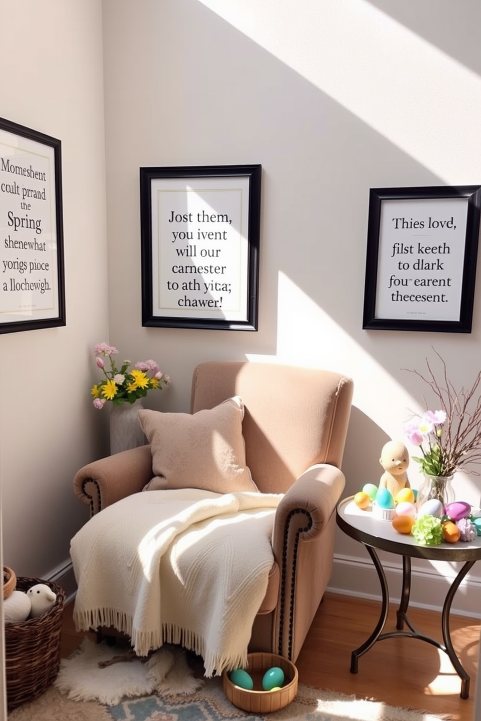 A cozy reading nook bathed in natural light with a plush armchair and a small side table. The walls are adorned with framed quotes about spring and renewal, creating an inspiring atmosphere. Colorful Easter decorations are tastefully arranged around the space, including pastel-colored eggs and floral accents. A soft throw blanket drapes over the armchair, inviting relaxation and enjoyment of the seasonal decor.