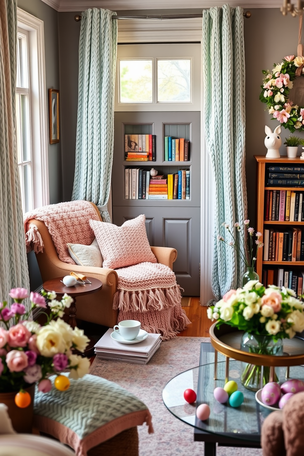 A cozy reading nook adorned with knitted blankets in soft pastel hues. The space features a plush armchair, a small side table with a steaming cup of tea, and a bookshelf filled with colorful novels. For Easter decorating ideas, envision a cheerful living room with pastel-colored decorations. There are floral arrangements, decorative eggs scattered on the coffee table, and a festive wreath hanging on the door.