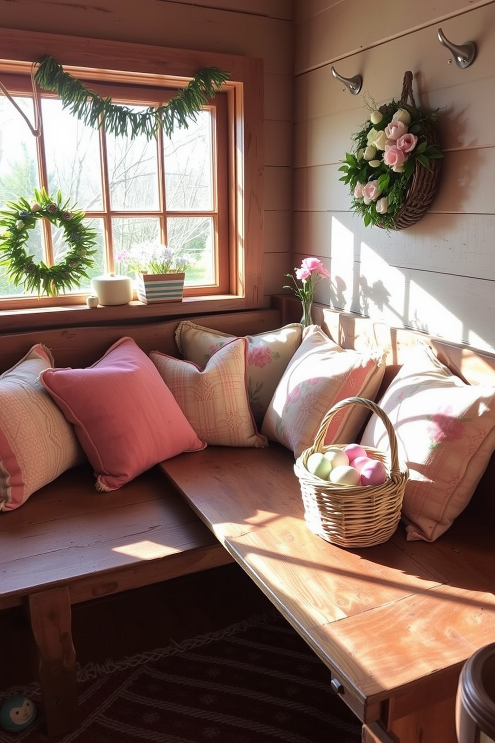 A cozy reading nook features a rustic wooden bench adorned with soft, colorful cushions. Natural light streams in through a nearby window, creating a warm and inviting atmosphere. For Easter decorating ideas, the nook is enhanced with pastel-colored decorations and floral arrangements. A small basket filled with decorative eggs sits on the bench, adding a festive touch.