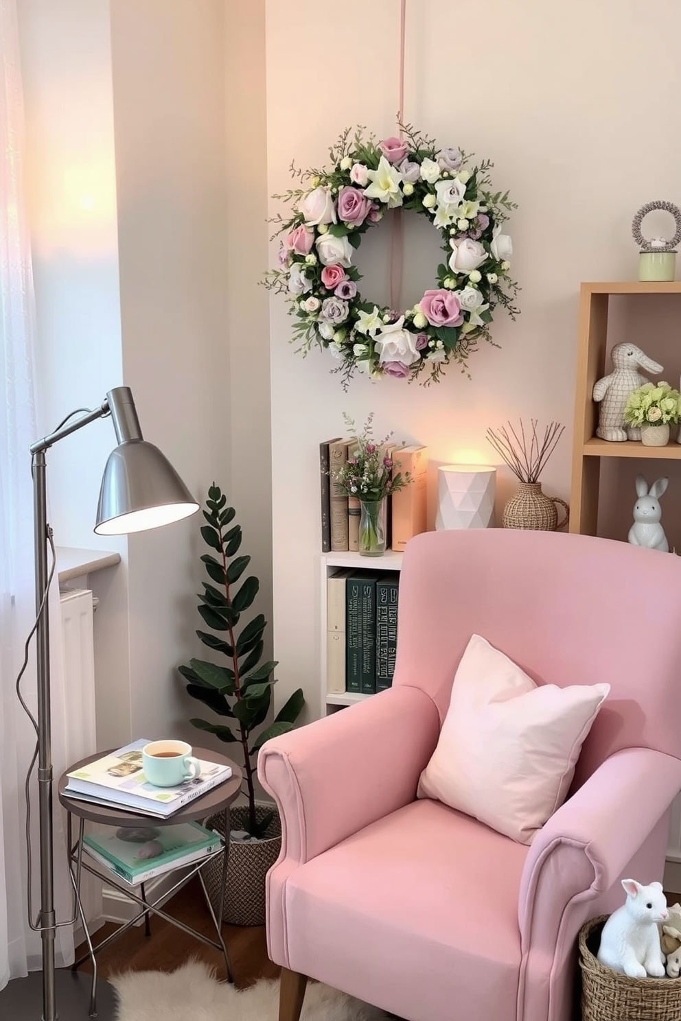 A cozy reading nook features a plush armchair in a soft pastel color, positioned next to a small side table adorned with a stack of books and a steaming cup of tea. Above the chair, a hanging floral wreath made of fresh spring blooms adds a touch of nature and warmth to the space. The nook is illuminated by a stylish floor lamp that casts a warm glow, creating an inviting atmosphere for reading. Easter decorations, such as pastel-colored eggs and bunny figurines, are tastefully arranged on the side table and nearby shelves, enhancing the seasonal charm of the area.