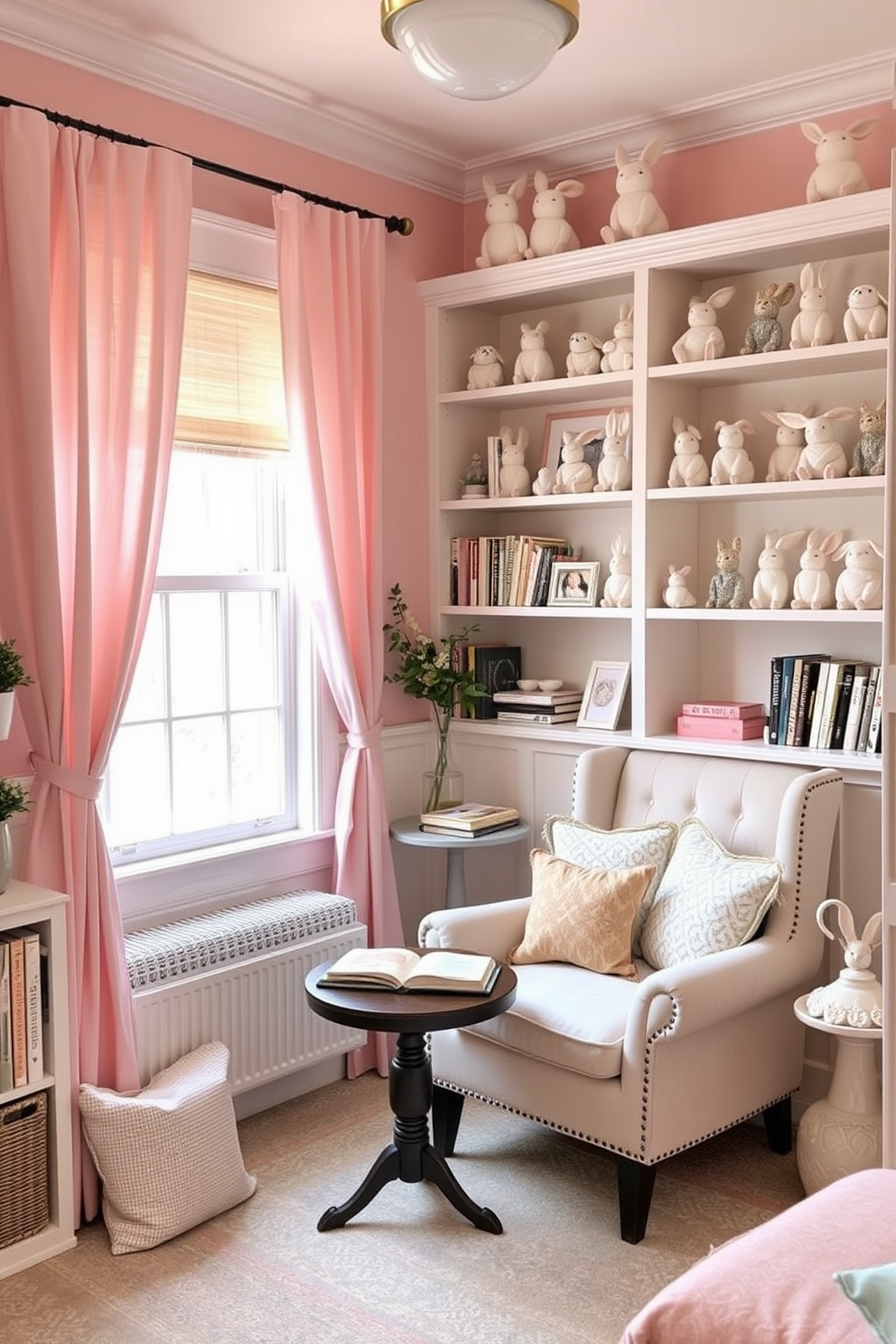 A cozy reading nook filled with charm. The shelves are adorned with cute bunny figurines in various poses, adding a playful touch to the space. Soft pastel colors dominate the decor, creating a warm and inviting atmosphere. A plush armchair is positioned near a window, surrounded by decorative pillows and a small side table for books and refreshments.