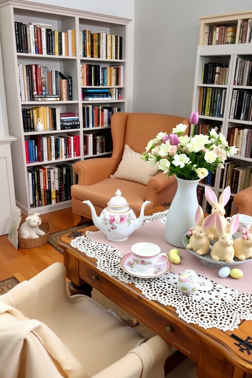 Charming tea set for cozy afternoons. A delicate porcelain tea set with floral patterns sits on a rustic wooden table, accompanied by a lace tablecloth and soft pastel-colored napkins. Reading nook. A plush armchair in a warm, inviting fabric is nestled in a corner, surrounded by tall bookshelves filled with colorful novels and a cozy throw blanket draped over the armrest. Easter decorating ideas. A beautifully arranged table features pastel-colored eggs, fresh spring flowers in a vase, and cheerful bunny figurines, creating a festive atmosphere for the holiday celebration.