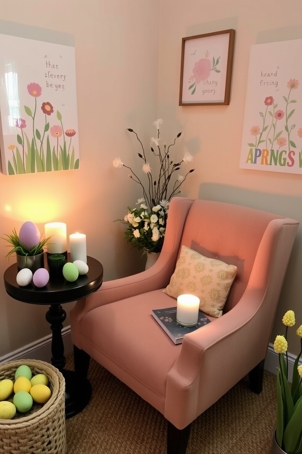 A cozy reading nook featuring a plush armchair upholstered in soft fabric. A small side table holds an assortment of seasonal scented candles, casting a warm glow and creating an inviting atmosphere. Brightly colored Easter decorations adorn the space, including pastel-hued eggs and cheerful floral arrangements. The walls are adorned with whimsical artwork that captures the spirit of spring, enhancing the overall charm of the nook.