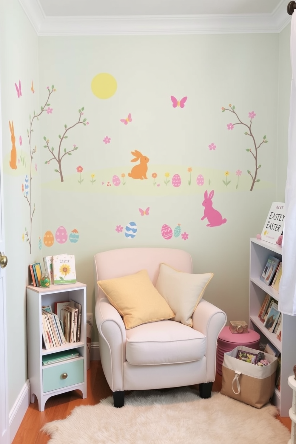 A cozy reading nook adorned with colorful wall decals depicting cheerful Easter scenes. The nook features a plush armchair in pastel colors, surrounded by soft cushions and a small bookshelf filled with spring-themed books.