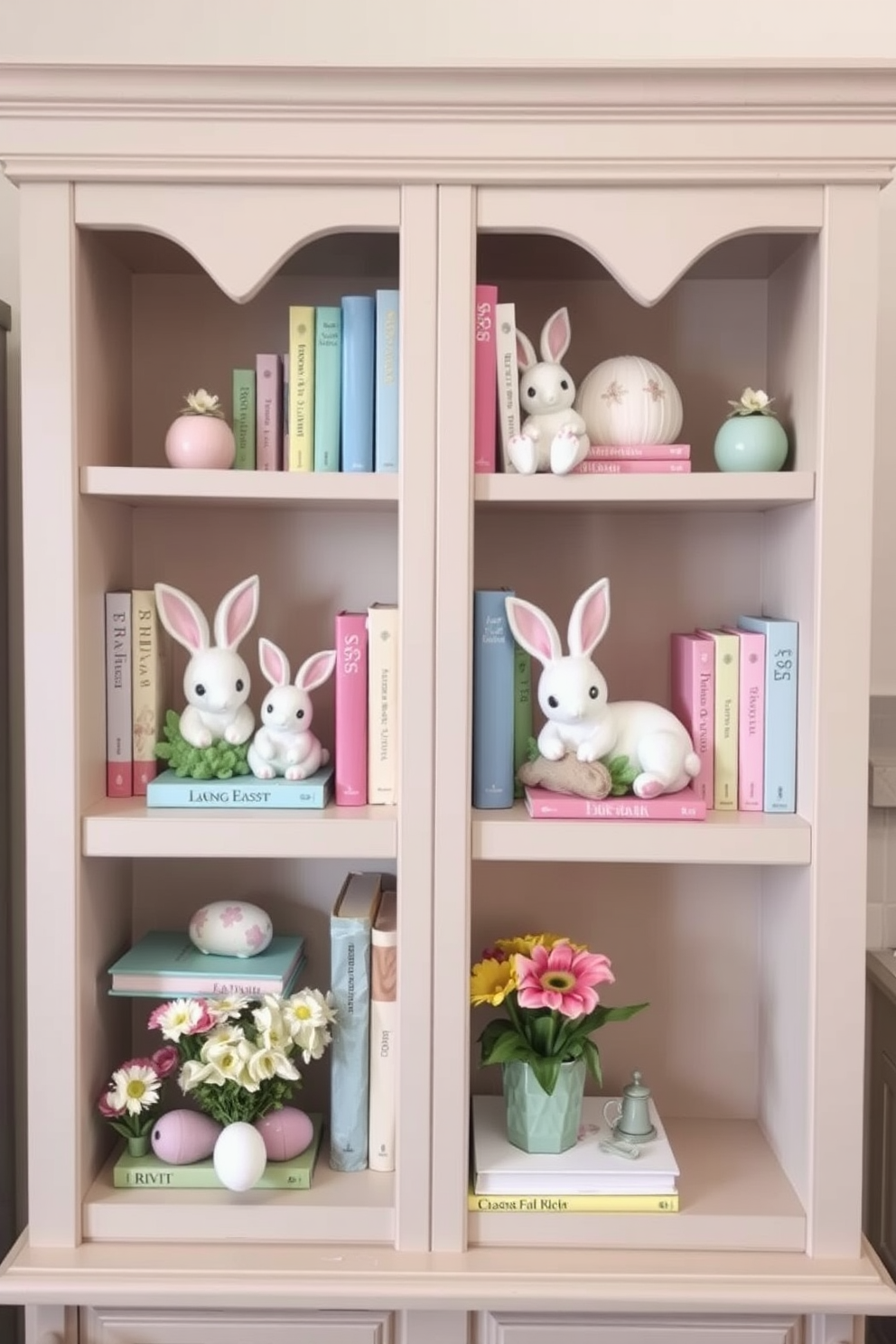 Easter-themed bookshelf decorations featuring charming bunnies nestled among colorful books and spring flowers. Soft pastel colors dominate the scene, creating a cheerful and inviting atmosphere in the reading nook.