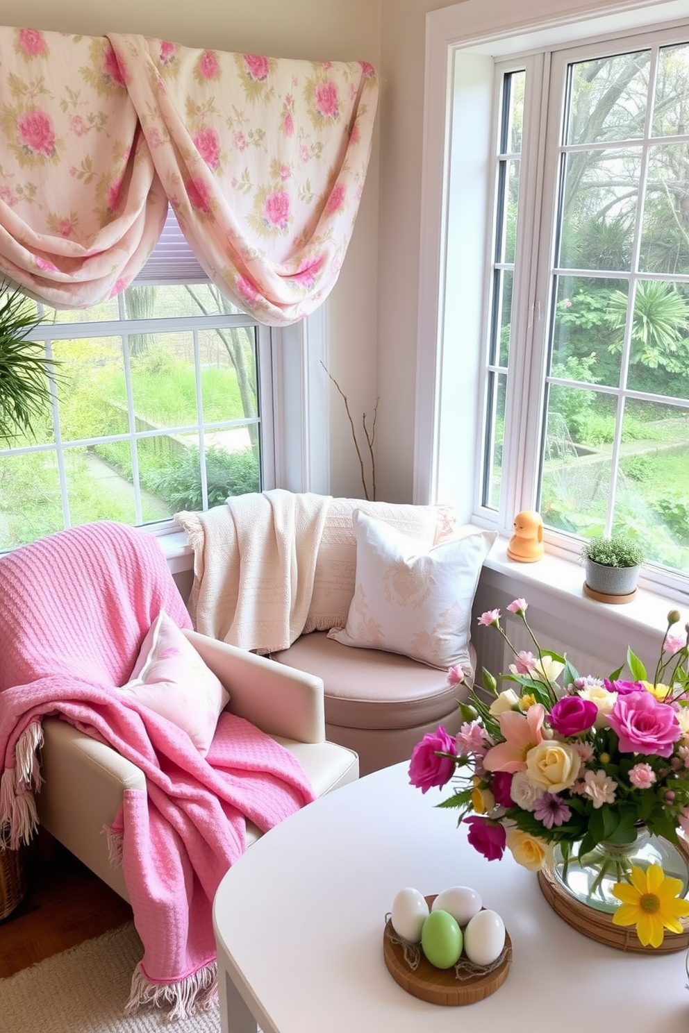 A cozy reading nook adorned with soft throw blankets in floral patterns. The space features a comfortable armchair positioned near a large window, allowing natural light to flood in. Easter decorating ideas include pastel-colored accents and floral arrangements. A beautifully set table showcases seasonal decorations with eggs and spring flowers.