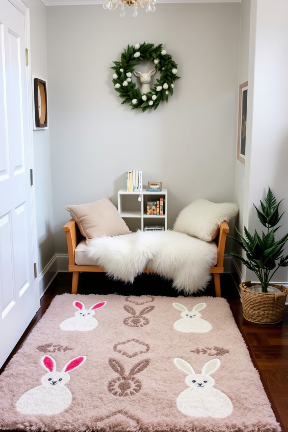 A cozy reading nook featuring a soft area rug adorned with playful bunny motifs. The nook is filled with plush cushions and a small bookshelf, creating a charming and inviting atmosphere for Easter decorating ideas.