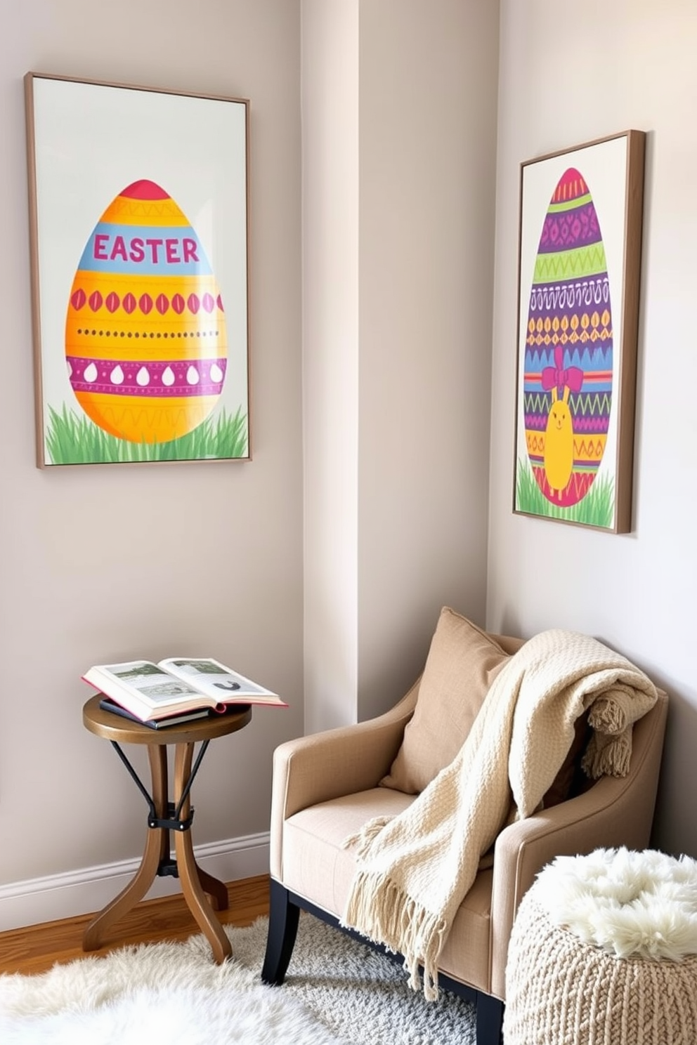 A cozy reading nook adorned with wall art featuring vibrant Easter egg designs. The nook includes a plush armchair, a small side table, and a soft throw blanket draped over the armrest.