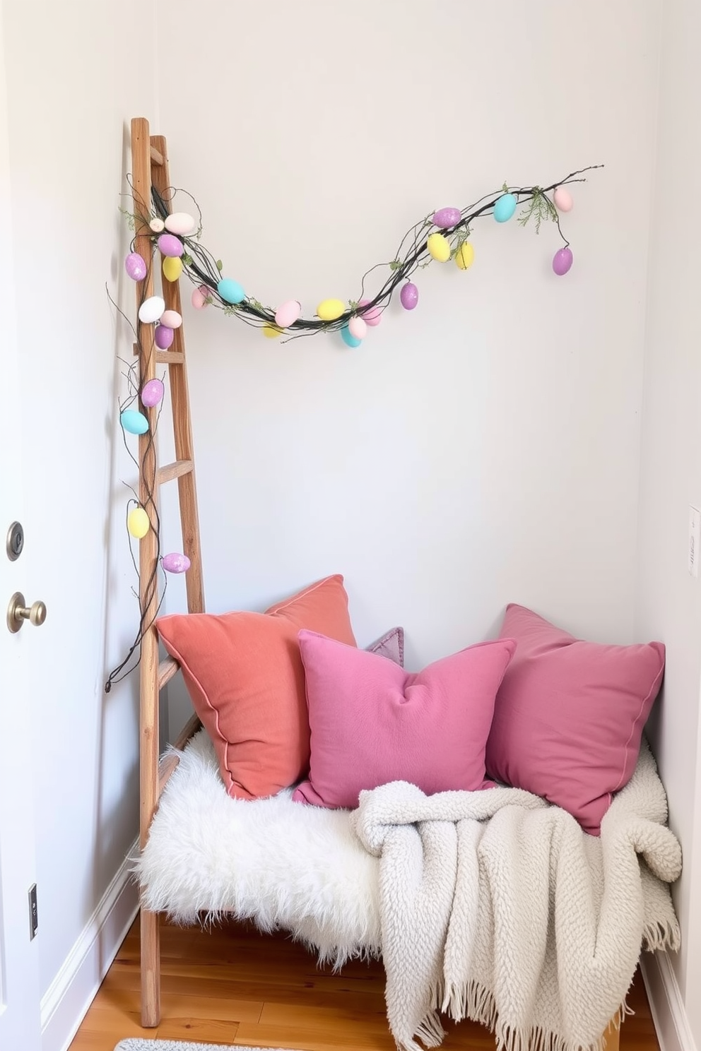 A cozy reading nook featuring a vintage ladder adorned with colorful Easter decorations. The nook is filled with plush cushions and a soft throw blanket, creating an inviting space for relaxation and enjoyment.