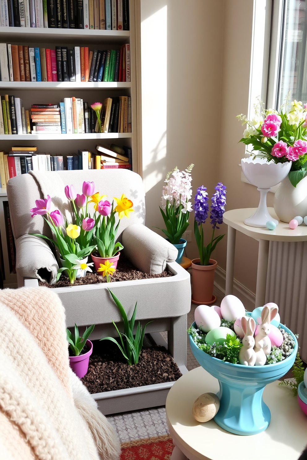 A miniature garden filled with vibrant spring flowers is designed in a small, sunny corner. The arrangement includes tulips, daffodils, and hyacinths in colorful pots, creating a cheerful and inviting atmosphere. A cozy reading nook is created with a plush armchair and a soft throw blanket. Shelves lined with books and a small side table hold a steaming cup of tea, perfect for a relaxing afternoon. Easter decorating ideas feature pastel-colored eggs displayed in a decorative bowl. Fresh flowers and bunny figurines add a festive touch to the overall decor.