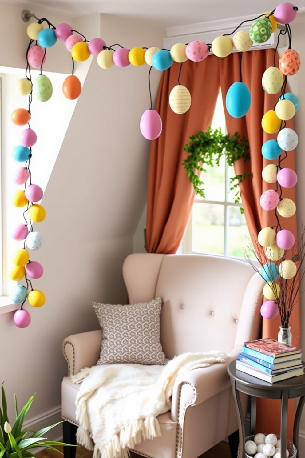 A colorful Easter egg garland drapes elegantly above a cozy reading nook. The nook features a plush armchair with a soft throw blanket and a small side table holding a stack of seasonal books.