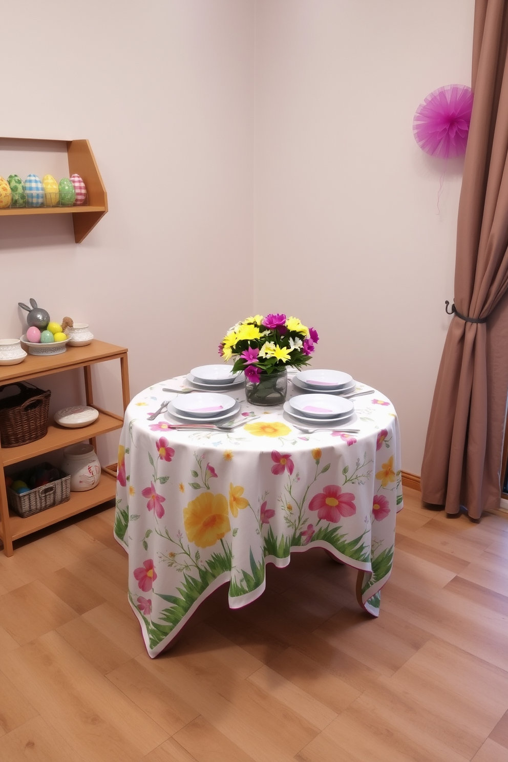 A festive tablecloth adorned with vibrant spring designs drapes elegantly over a small dining table. The table is set with pastel-colored dishes and a centerpiece of fresh flowers, creating a cheerful atmosphere perfect for Easter celebrations. In the corner of the room, a small decorative shelf displays colorful Easter eggs and seasonal decorations. Soft lighting enhances the inviting ambiance, making the space feel warm and welcoming for guests.