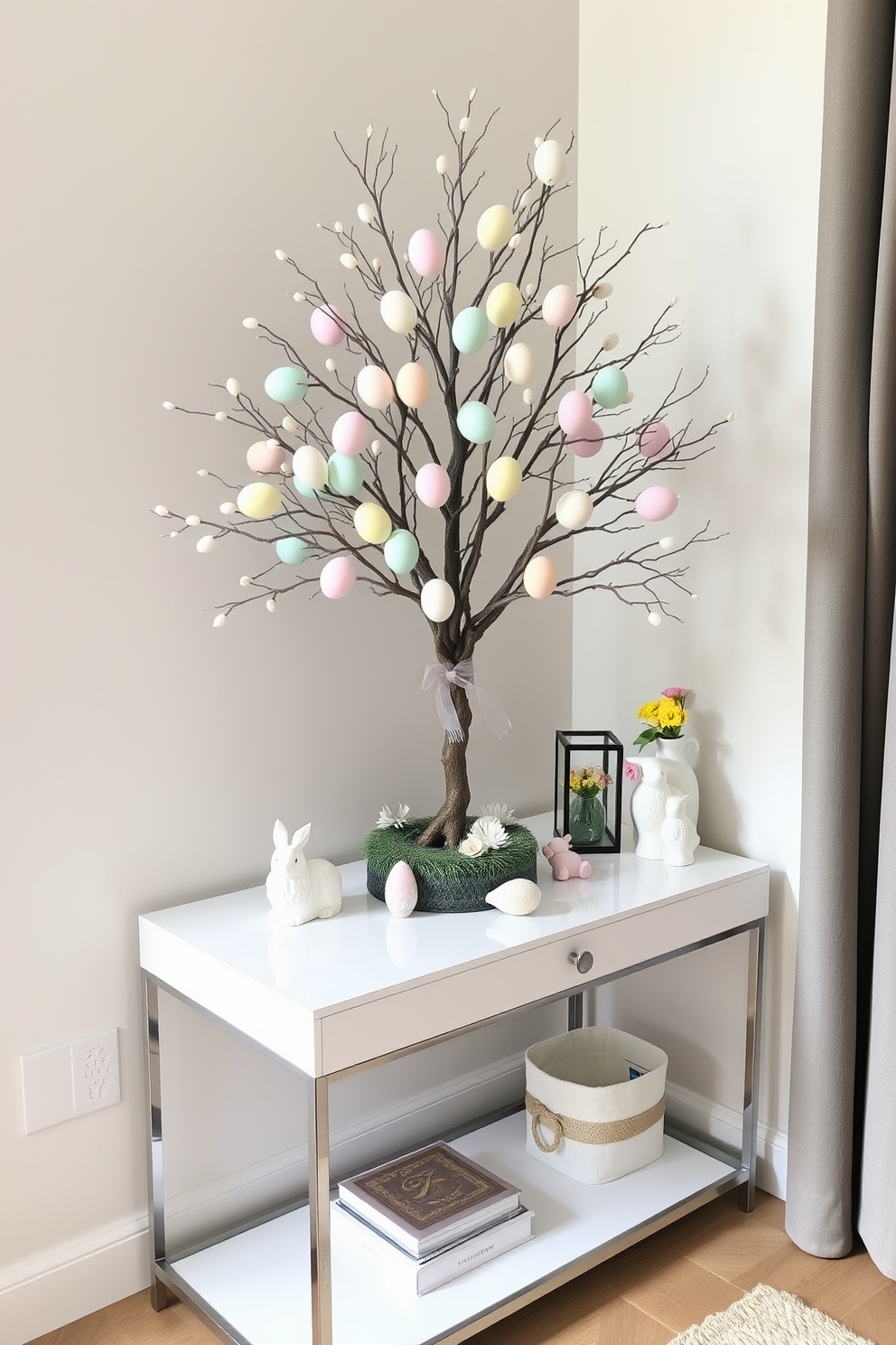 A charming decorative egg tree stands elegantly on a sleek console table. The tree is adorned with pastel-colored eggs, creating a festive and inviting atmosphere for Easter celebrations. Surrounding the tree are small decorative elements such as bunnies and spring flowers. The console table is placed in a cozy corner, maximizing the use of space while adding seasonal cheer.