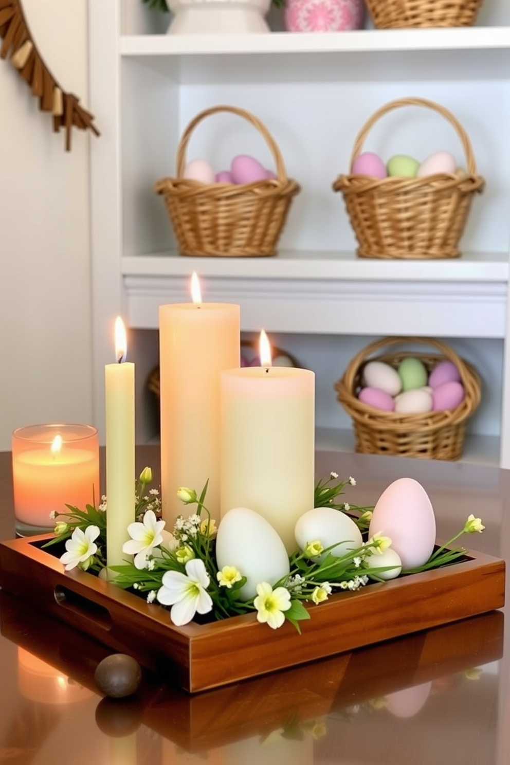 Create a cozy corner featuring seasonal scents with Easter-themed candles. Arrange pastel-colored candles of various heights on a small wooden tray adorned with spring flowers. Design a compact living area that showcases small space Easter decorating ideas. Use decorative baskets filled with faux eggs and place them on shelves to add a festive touch without overwhelming the space.