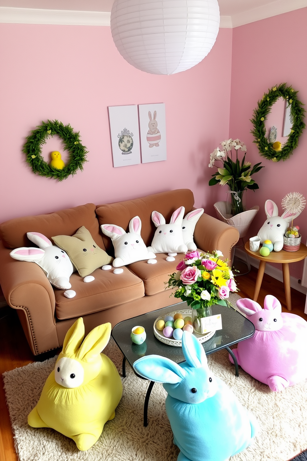 A cozy living room adorned with bunny-shaped cushions scattered across a plush sofa. The space is brightened by pastel-colored decorations, creating a cheerful atmosphere perfect for Easter celebrations. In the corner, a small coffee table is decorated with a vibrant floral arrangement and Easter-themed accents. The walls are painted in soft hues, enhancing the charm of this small space while maintaining a festive feel.