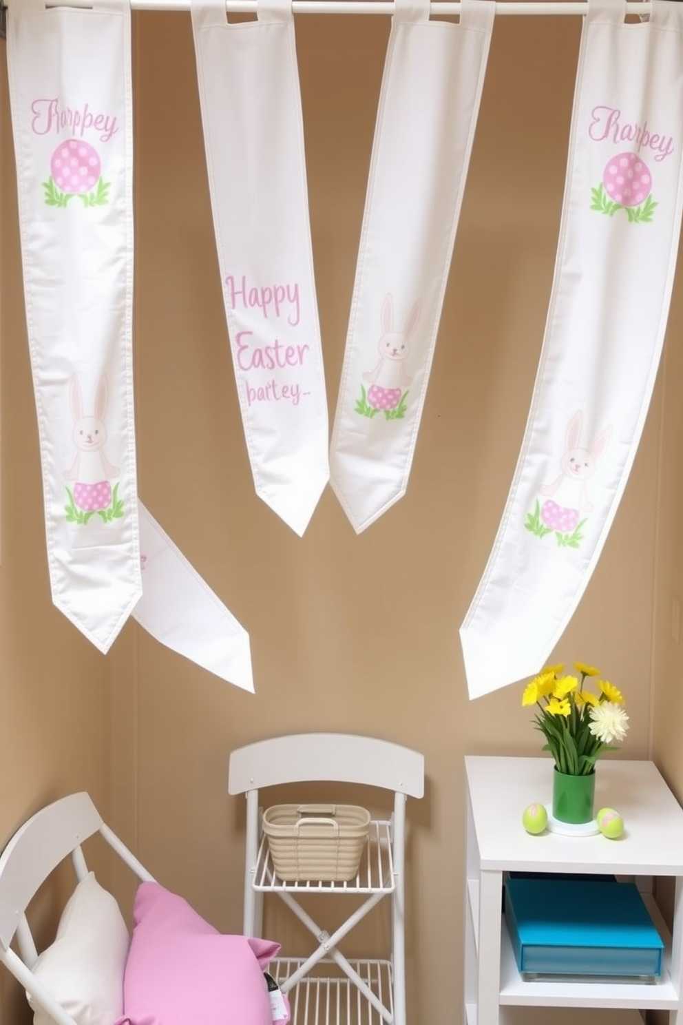 Easter-themed fabric banners are draped elegantly across the walls, featuring pastel colors and cheerful designs. The banners create a festive atmosphere, enhancing the overall charm of the small space. Incorporate decorative elements such as mini Easter eggs and spring flowers to complement the fabric banners. Utilize lightweight furniture and strategically placed shelves to maximize functionality while maintaining a joyful holiday spirit.