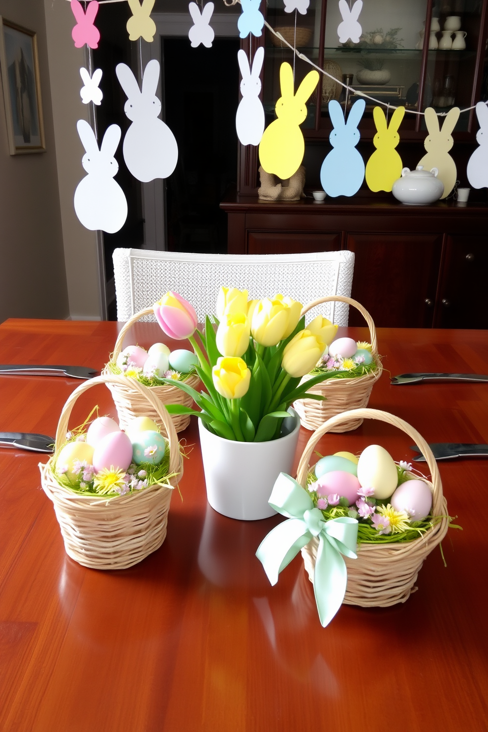 Small Easter baskets as place settings. Each basket is filled with pastel-colored eggs and delicate spring flowers, creating a charming and festive atmosphere for the table. Small Space Easter Decorating Ideas. The decor includes hanging garlands of paper bunnies and colorful eggs, along with a small centerpiece featuring a potted tulip arrangement.