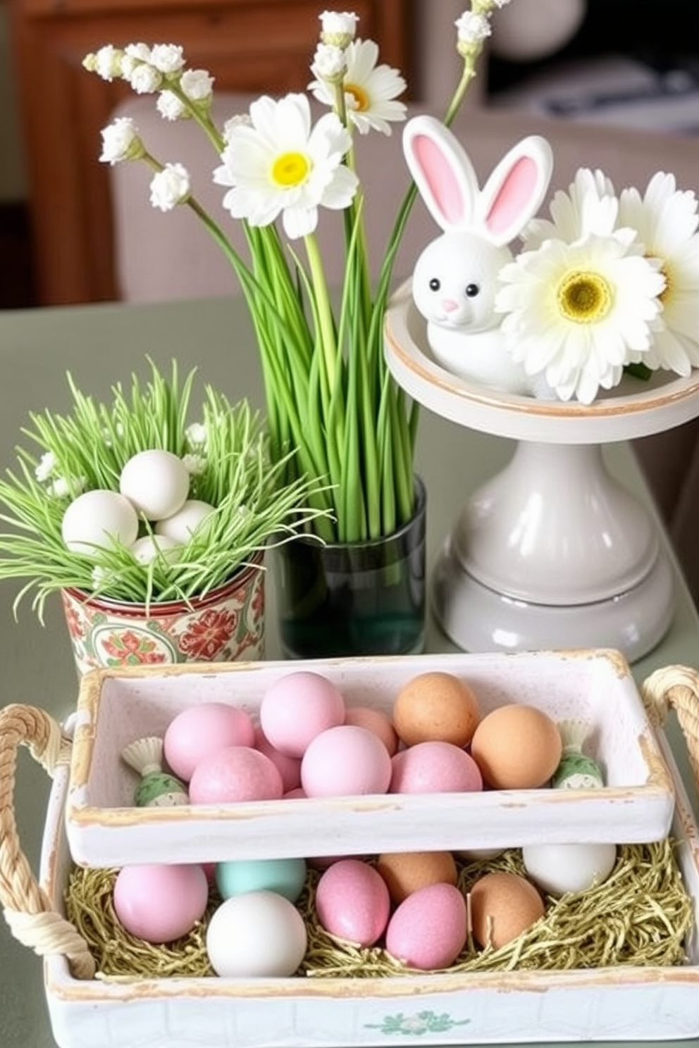 Create a charming display of decorative trays filled with seasonal treats. Incorporate pastel colors and natural elements to evoke a festive Easter atmosphere. Design a cozy small space that showcases creative Easter decorating ideas. Use vibrant accents and space-saving decor to enhance the festive spirit without overwhelming the area.