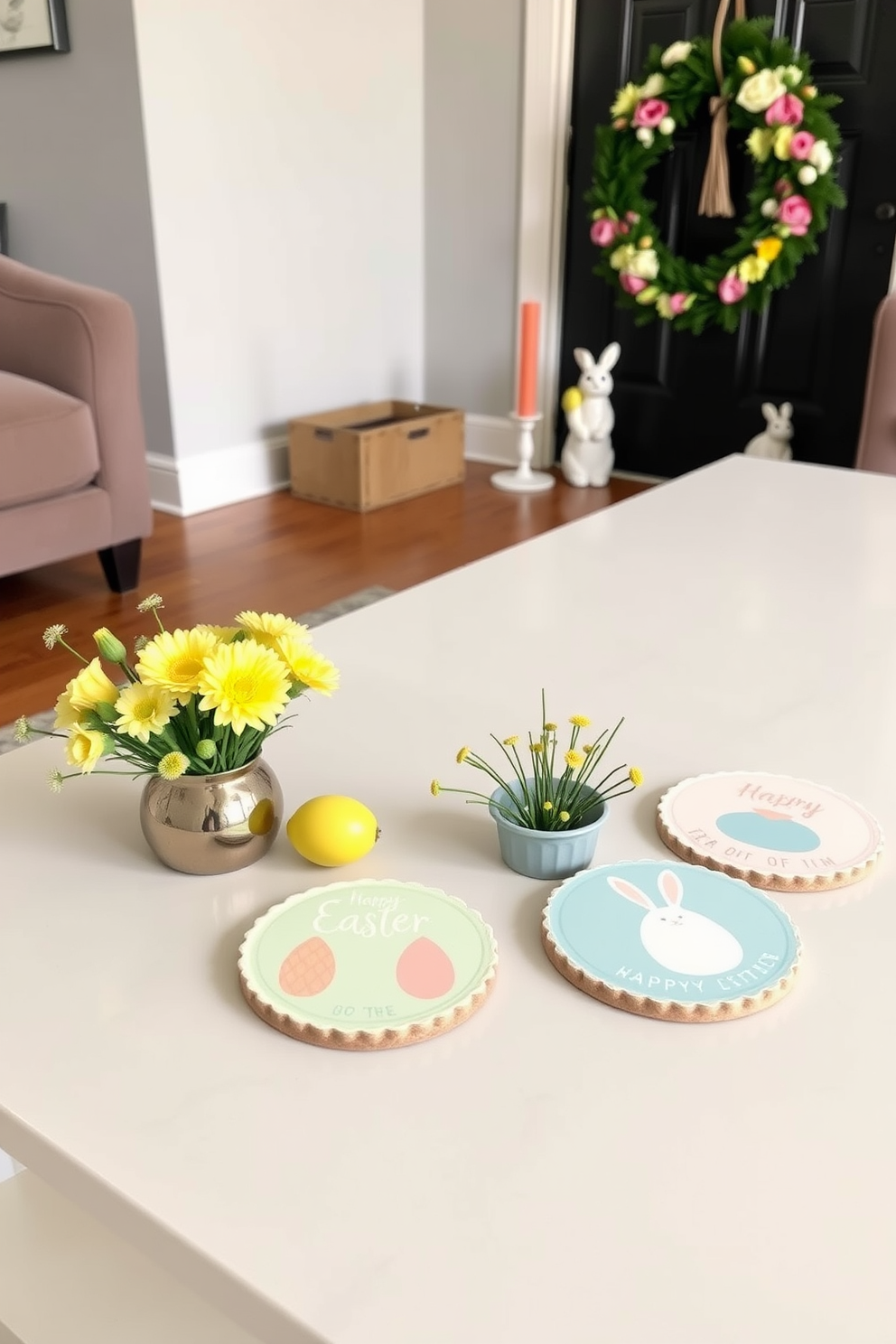 Easter-themed coasters are arranged on a sleek coffee table, featuring pastel colors and whimsical designs that celebrate the holiday spirit. Surrounding the coasters, a few decorative eggs and a small floral arrangement add a festive touch to the cozy living area. For small space Easter decorating ideas, a vibrant wreath adorned with spring flowers hangs on the door, welcoming guests with seasonal charm. Inside, minimalistic decor pieces like a single bunny figurine and a few colorful candles create an inviting atmosphere without overwhelming the space.