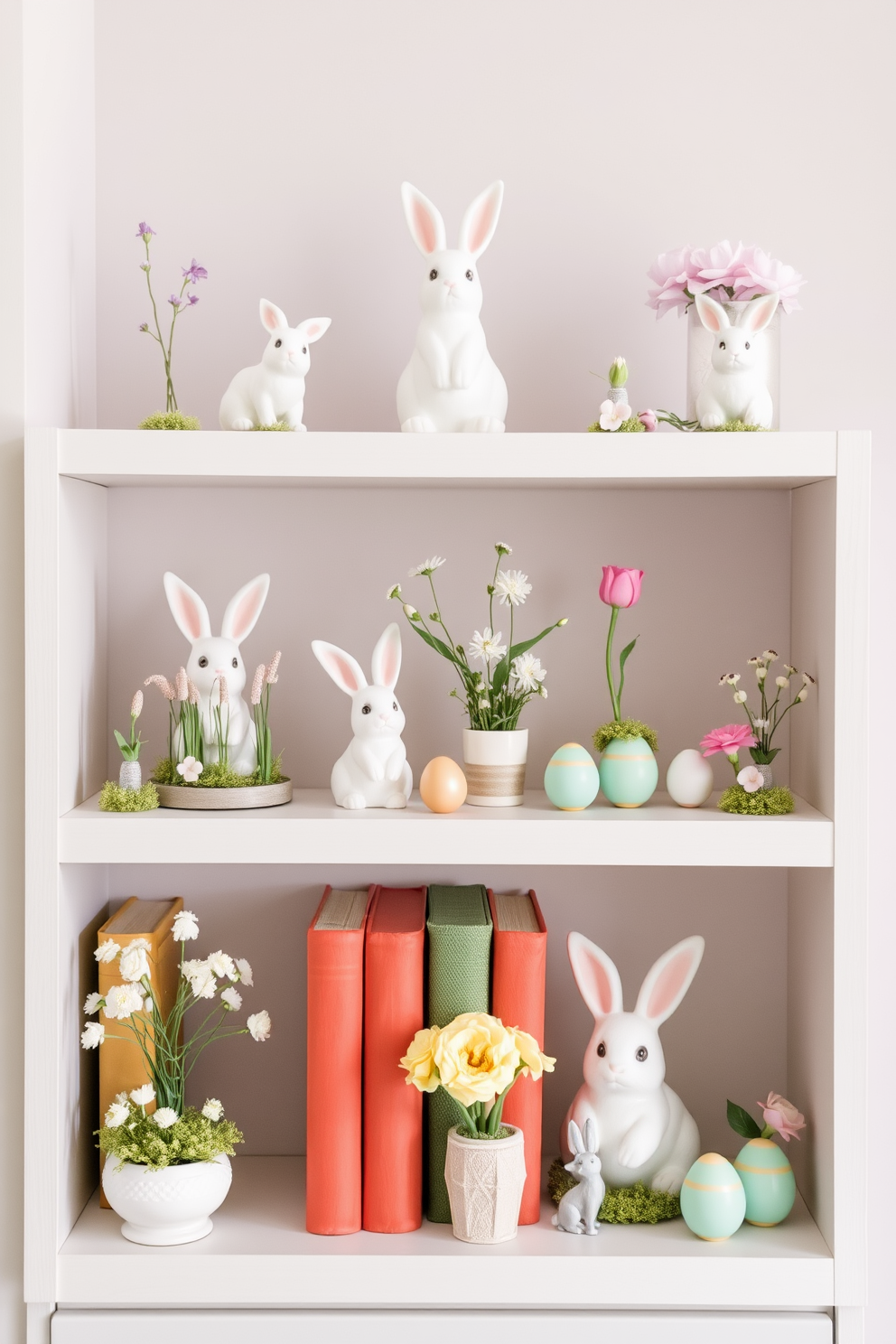 Miniature Easter scenes are artfully arranged on a series of bookshelves, featuring tiny bunnies, colorful eggs, and delicate spring flowers. Each shelf is adorned with pastel-colored decorations that evoke a cheerful holiday spirit, creating a whimsical atmosphere. Small space Easter decorating ideas include strategically placed floral arrangements and subtle Easter-themed accents that maximize visual appeal without overwhelming the area. Clever use of vertical space and multifunctional decor pieces enhances the charm of the space while celebrating the season.