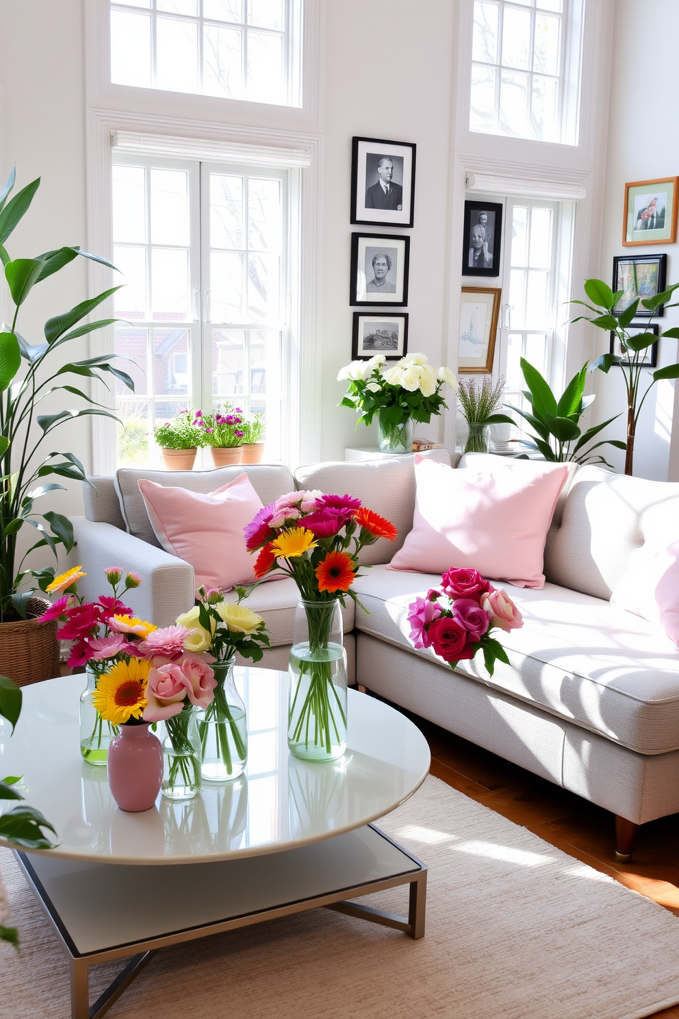 A bright and airy living room filled with fresh flowers in colorful vases. The space features a light gray sofa adorned with pastel throw pillows and a soft area rug underfoot. Large windows allow natural light to flood in, highlighting the vibrant blooms on the coffee table. A gallery wall of framed art adds personality, while potted plants in the corners enhance the springtime feel.