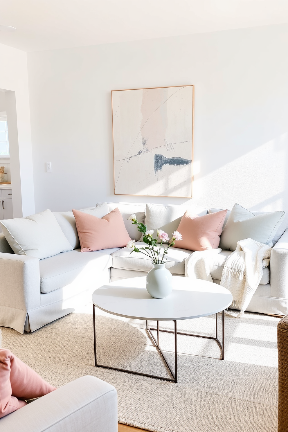 A bright and airy living room filled with natural light. Soft pastel-colored throw pillows are arranged on a light grey sofa, while a lightweight white blanket is draped casually over the armrest. A stylish coffee table sits in the center, adorned with a few fresh flowers in a ceramic vase. The walls are painted in a soft white hue, and a large piece of abstract art adds a pop of color to the space.