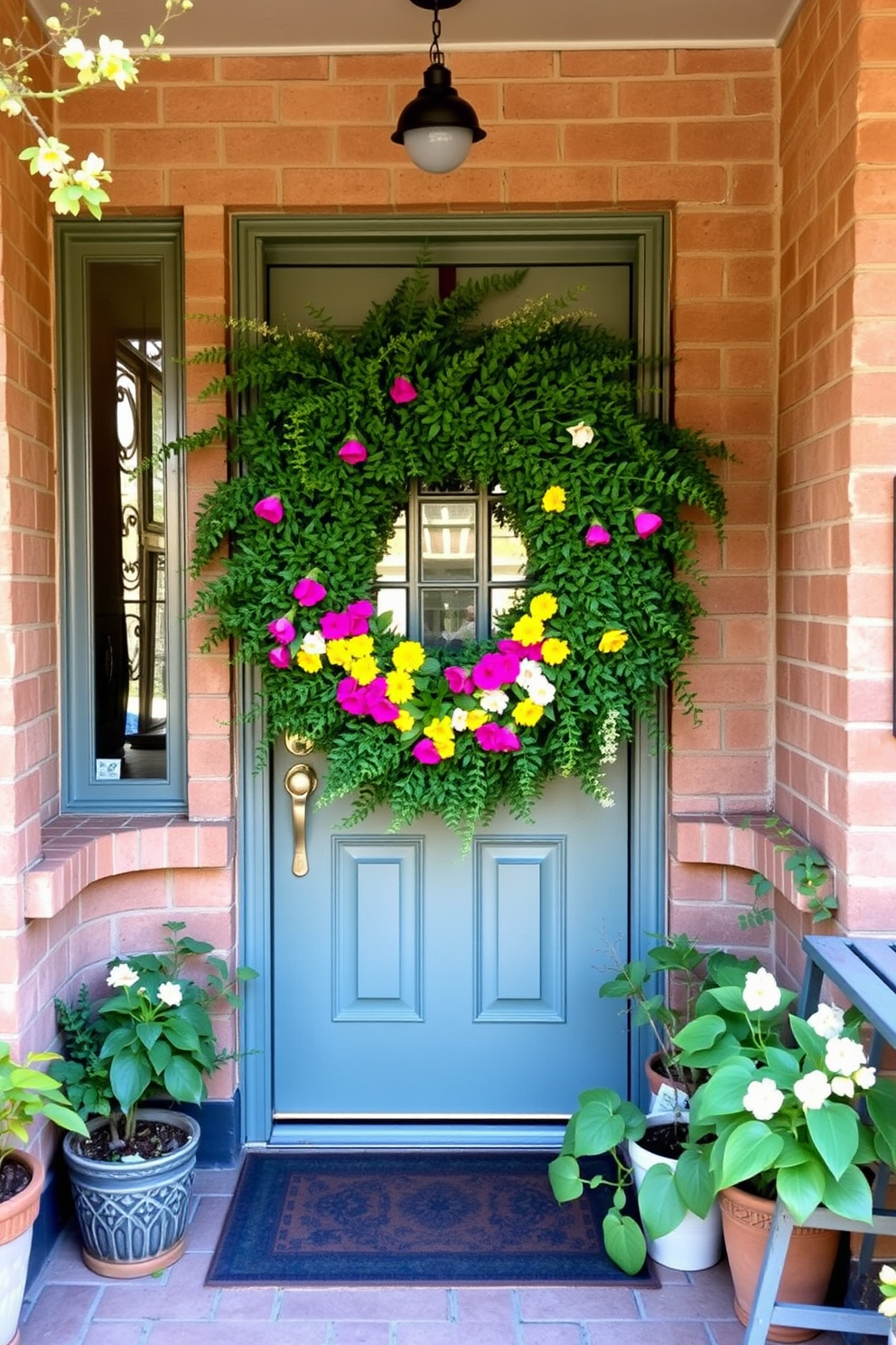 A charming apartment entrance with a front door adorned by a lush green wreath featuring vibrant spring flowers. The surrounding area is decorated with potted plants and a small bench, creating a welcoming atmosphere for guests.