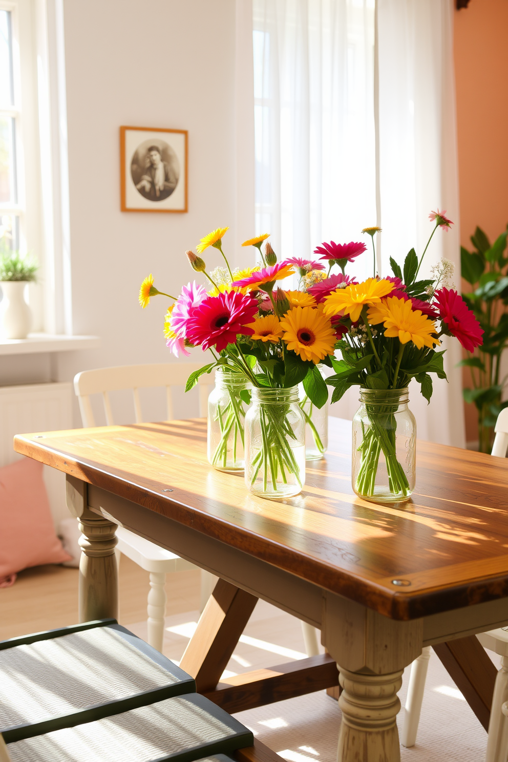 Create a cozy spring apartment setting that features mason jars filled with vibrant flower arrangements placed on a rustic wooden dining table. The walls are painted in soft pastel colors, and natural light pours in through sheer white curtains, enhancing the cheerful atmosphere.