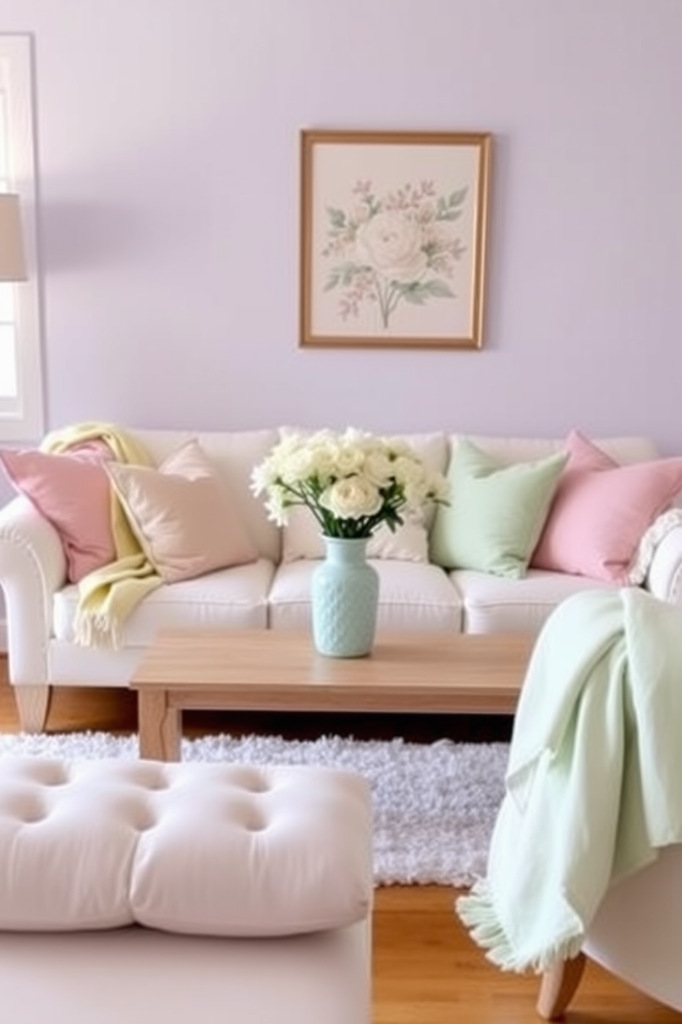 A cozy living room adorned with soft pastel colors creates a serene atmosphere. Light pink and mint green cushions are scattered across a plush white sofa, while a pastel yellow throw blanket drapes elegantly over the armrest. The walls are painted in a soft lavender hue, complementing the delicate floral artwork hung above the sofa. A light wood coffee table sits in the center, adorned with a pastel blue vase filled with fresh white flowers.