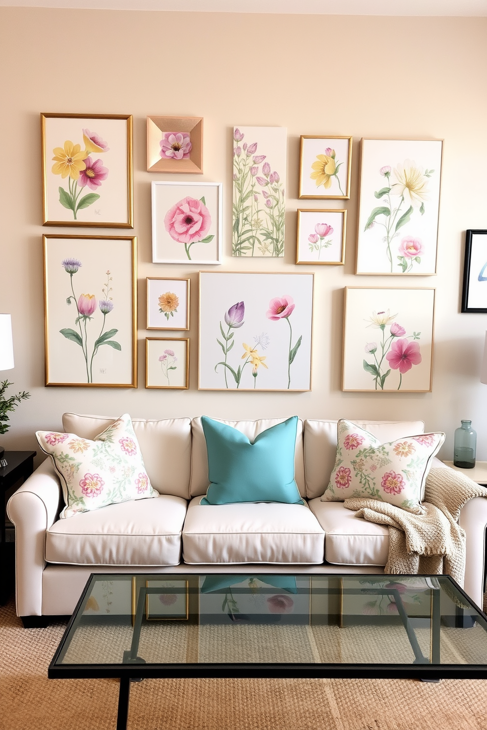 A vibrant gallery wall filled with spring-inspired artwork adorns the living room. The pieces feature floral patterns and pastel colors, creating a cheerful atmosphere. Incorporate a mix of framed prints and canvases of varying sizes for visual interest. Arrange them in a cohesive layout above a light-colored sofa adorned with soft throw pillows.