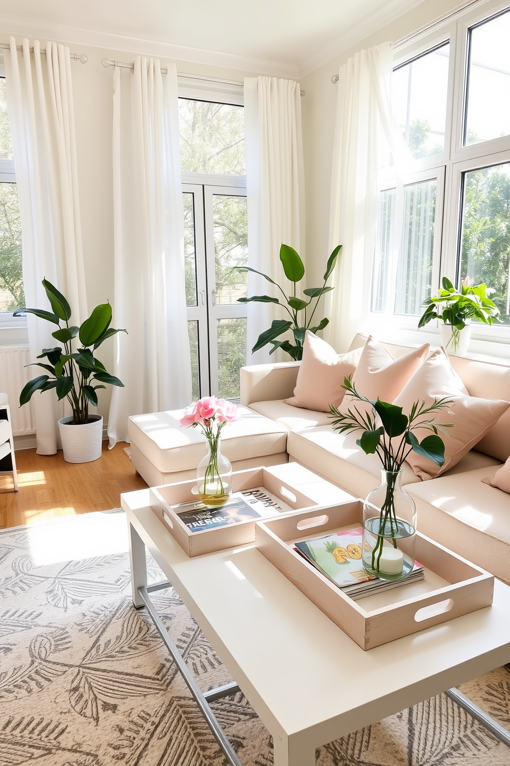 A bright and airy living room filled with natural light. The space features a stylish sofa adorned with pastel throw pillows and a decorative tray on the coffee table for organizing magazines and coasters. Incorporate fresh flowers in vases and a few potted plants to bring a touch of spring indoors. Use light-colored curtains and a soft area rug to enhance the cozy atmosphere of the apartment.