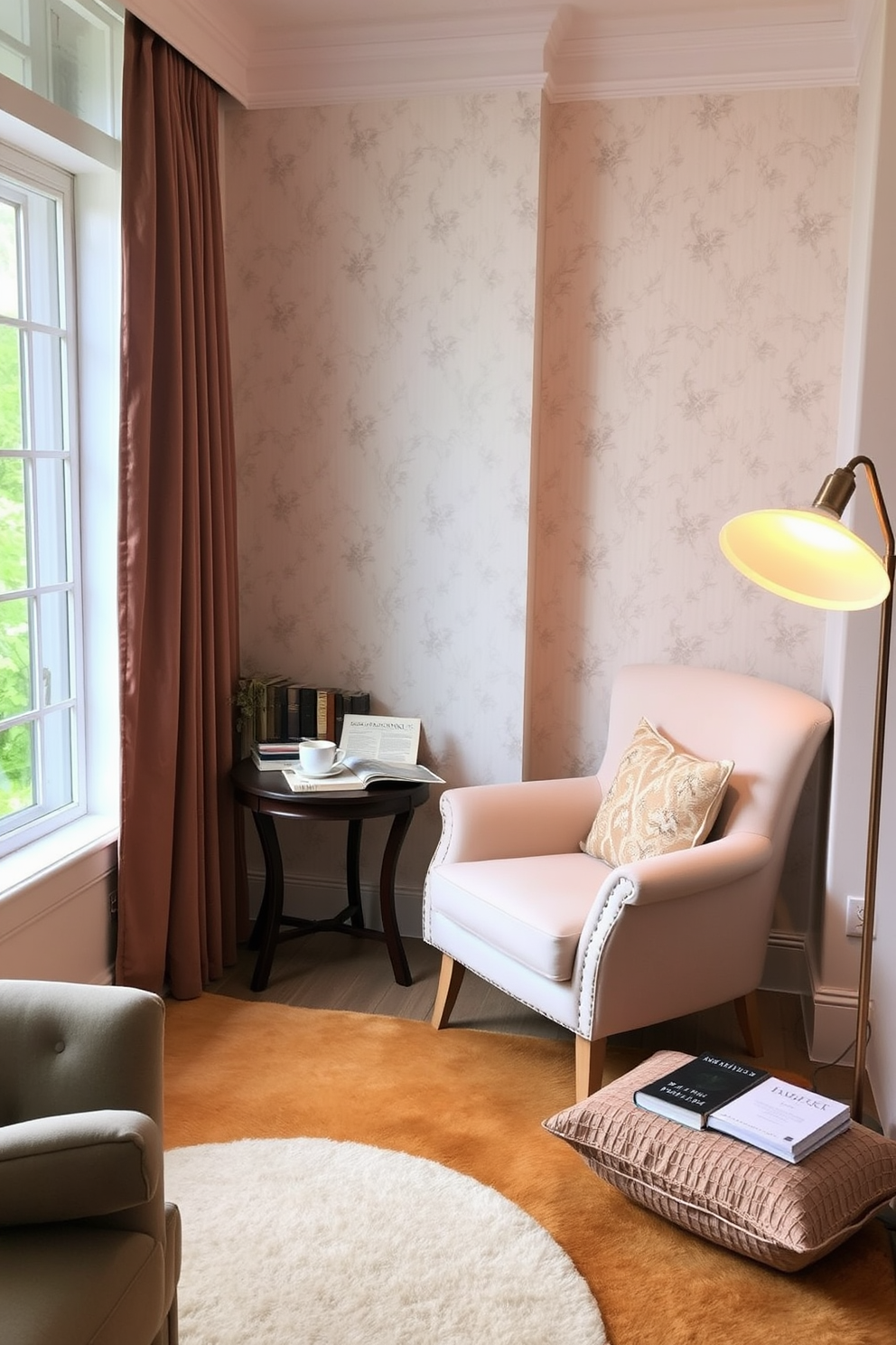 A cozy reading nook filled with natural light from a large window. A plush armchair in soft pastel fabric is paired with a small side table holding a steaming cup of tea and a stack of books. The walls are adorned with light-colored wallpaper featuring subtle floral patterns. A soft area rug in warm tones anchors the space, while a floor lamp with a gentle glow provides perfect lighting for evening reading.