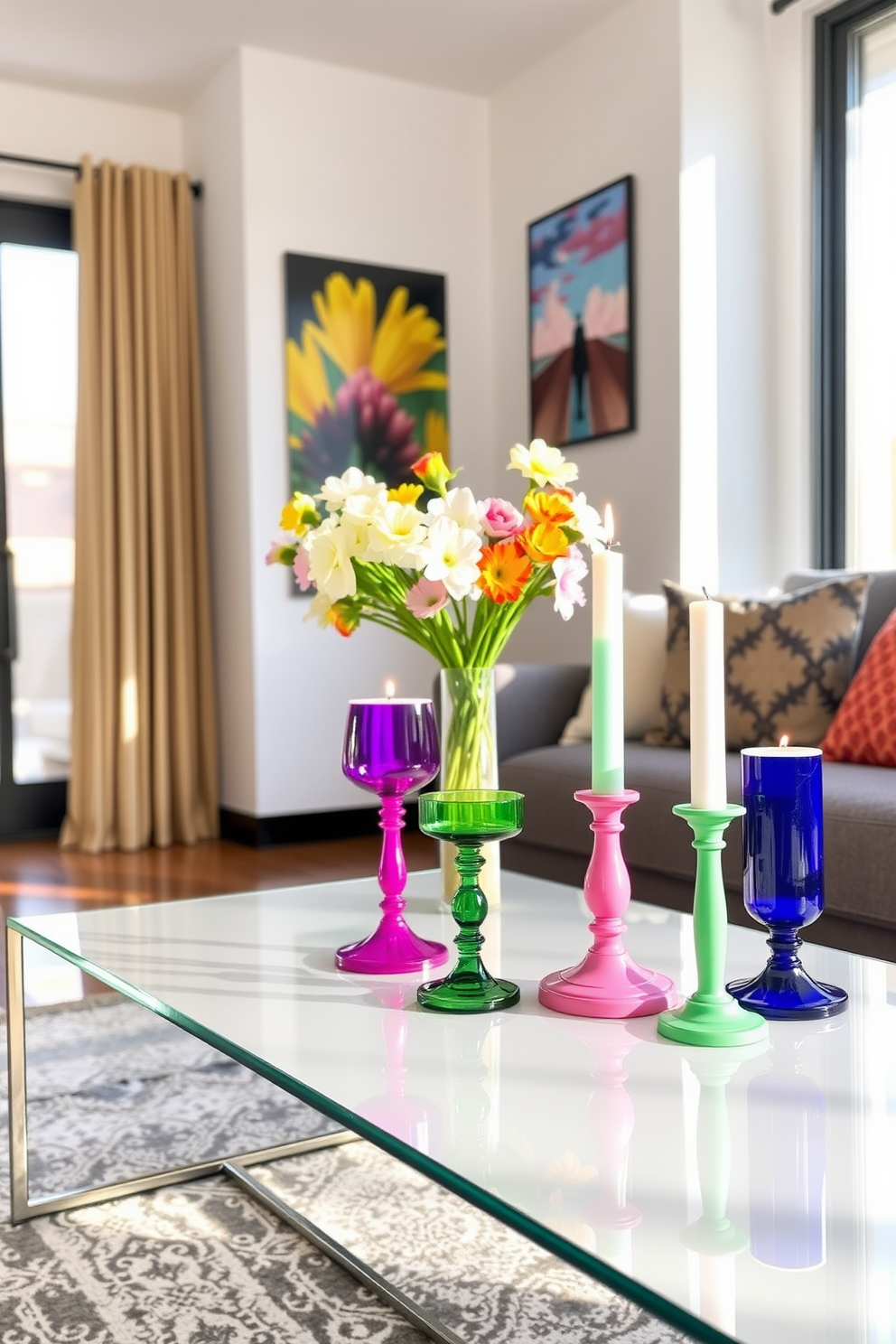 Create a vibrant spring apartment setting featuring colorful candle holders arranged on a stylish coffee table. The room is filled with natural light, and fresh flowers in a vase complement the cheerful ambiance created by the flickering candles.