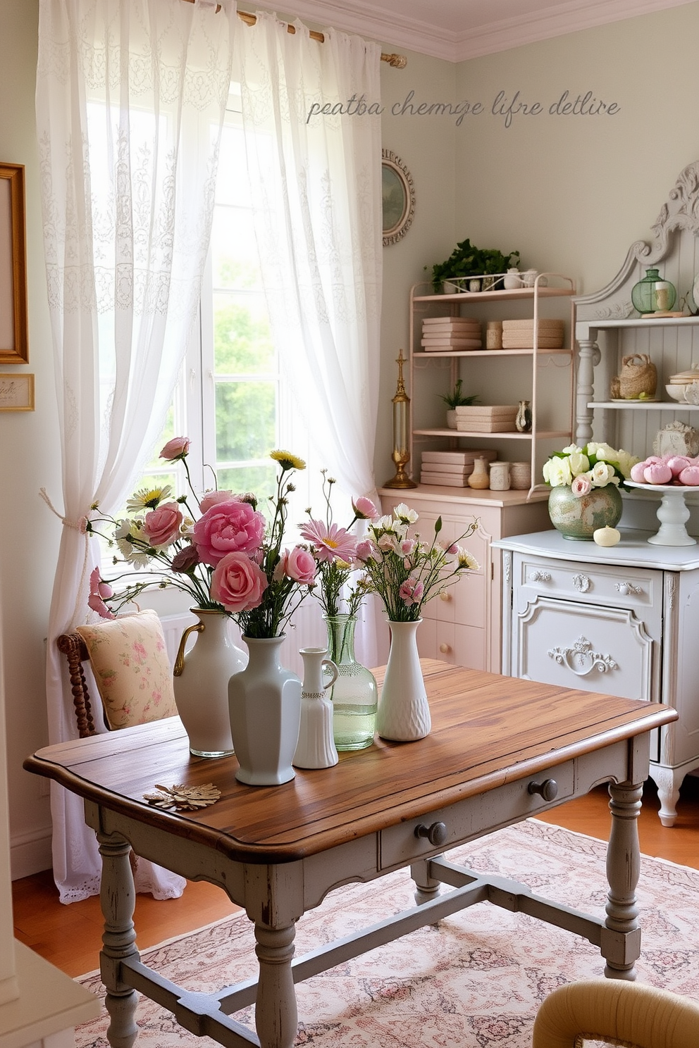 A charming spring apartment decorated with vintage decor items. The space features a pastel color palette with floral patterns and antique furniture pieces that evoke a sense of nostalgia. A collection of vintage vases filled with fresh spring flowers sits on a rustic wooden table. Delicate lace curtains flutter gently in the breeze, allowing soft natural light to illuminate the cozy atmosphere.