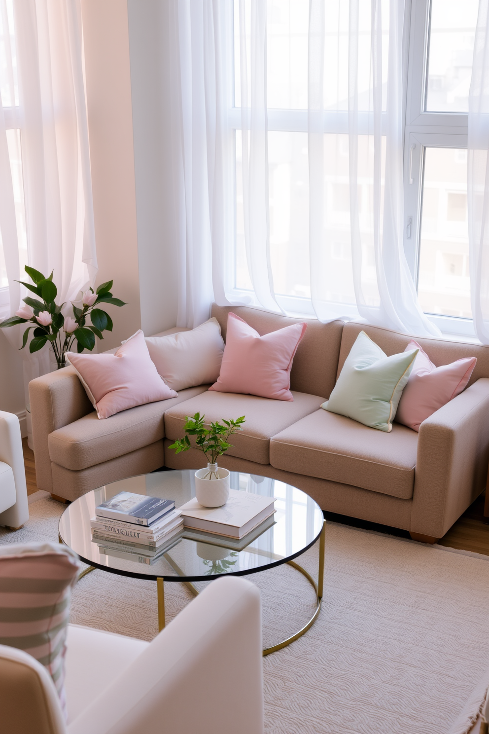 A cozy living room scene featuring a plush couch adorned with pastel throw pillows in soft shades of pink, mint, and lavender. A light, airy atmosphere is created by large windows letting in natural light, with sheer curtains gently billowing in the breeze. The coffee table is styled with a few decorative books and a small potted plant, adding a touch of greenery to the space. Surrounding the couch are light-colored accent chairs, enhancing the springtime feel of the apartment decor.