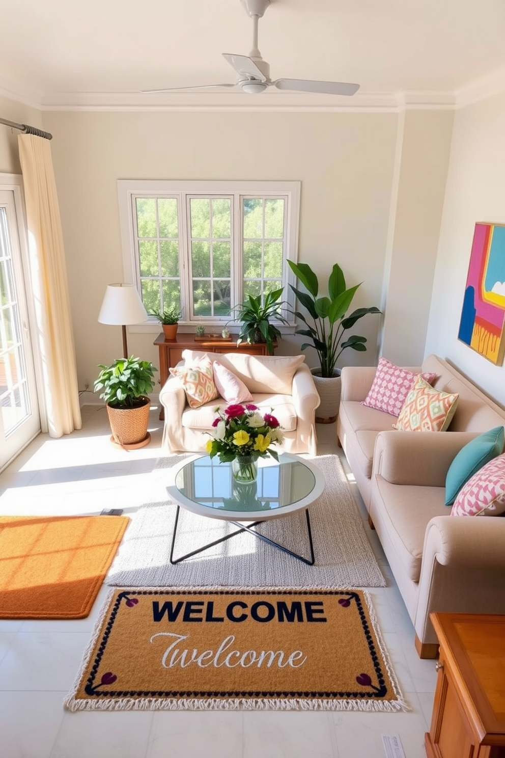 A bright and airy living room filled with natural light. A soft beige sofa is adorned with colorful throw pillows, and a cheerful welcome mat is placed at the entrance. The walls are painted in a light pastel color, complemented by vibrant artwork. A small coffee table with a floral arrangement sits in the center, surrounded by a cozy armchair and a few potted plants.