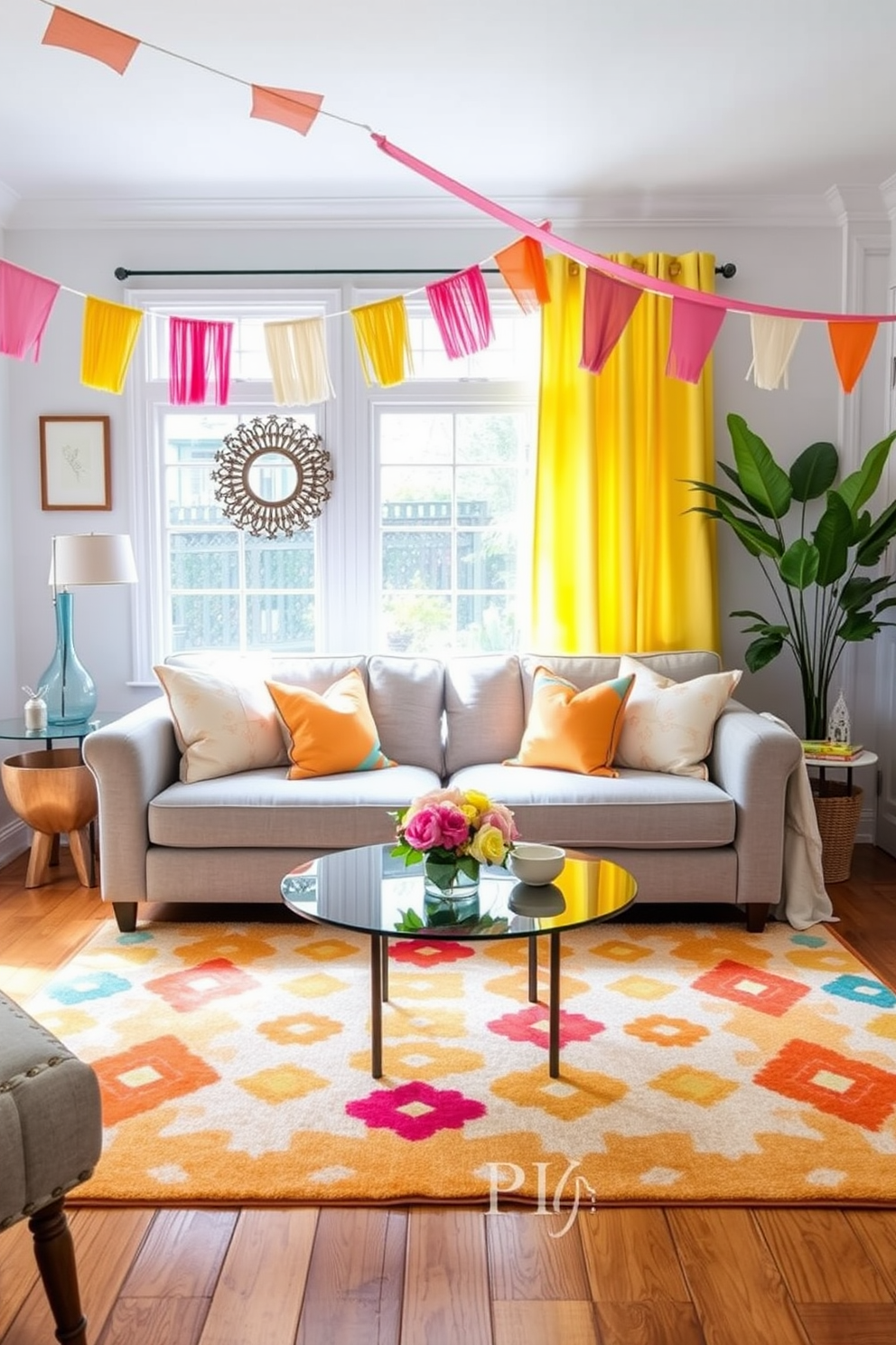 Create a vibrant living room filled with energy and charm. Use fabric banners in bright colors to add festive accents throughout the space. Incorporate soft pastel cushions on a light gray sofa to enhance the spring theme. Place a colorful area rug under a glass coffee table to tie the room together.