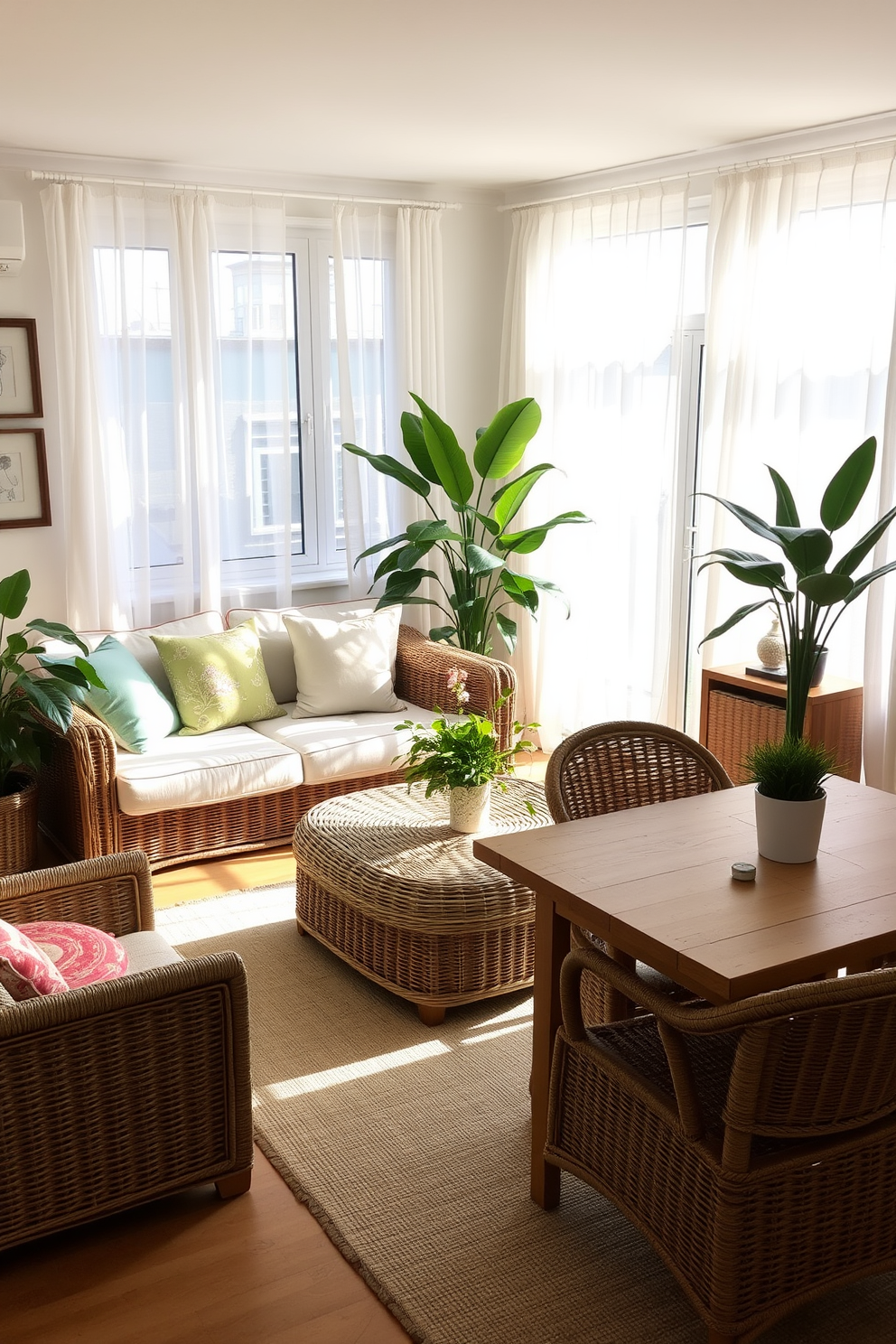 A bright and airy spring apartment featuring natural textures like wicker. The living area boasts a comfortable sofa adorned with pastel cushions, while a large wicker coffee table sits at the center, surrounded by lush green plants. The dining nook showcases a rustic wooden table paired with wicker chairs, creating a welcoming atmosphere. Soft sunlight filters through sheer curtains, enhancing the cheerful ambiance of the space.