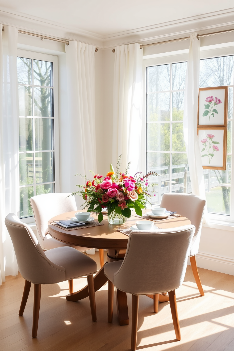 A sunlit breakfast corner features a round wooden table surrounded by plush upholstered chairs in soft pastel colors. Large windows allow natural light to flood the space, with sheer white curtains gently fluttering in the breeze. On the table, a vibrant floral centerpiece adds a touch of freshness, complemented by neatly arranged tableware. The walls are adorned with framed botanical prints, enhancing the cheerful and inviting atmosphere of the spring apartment decor.