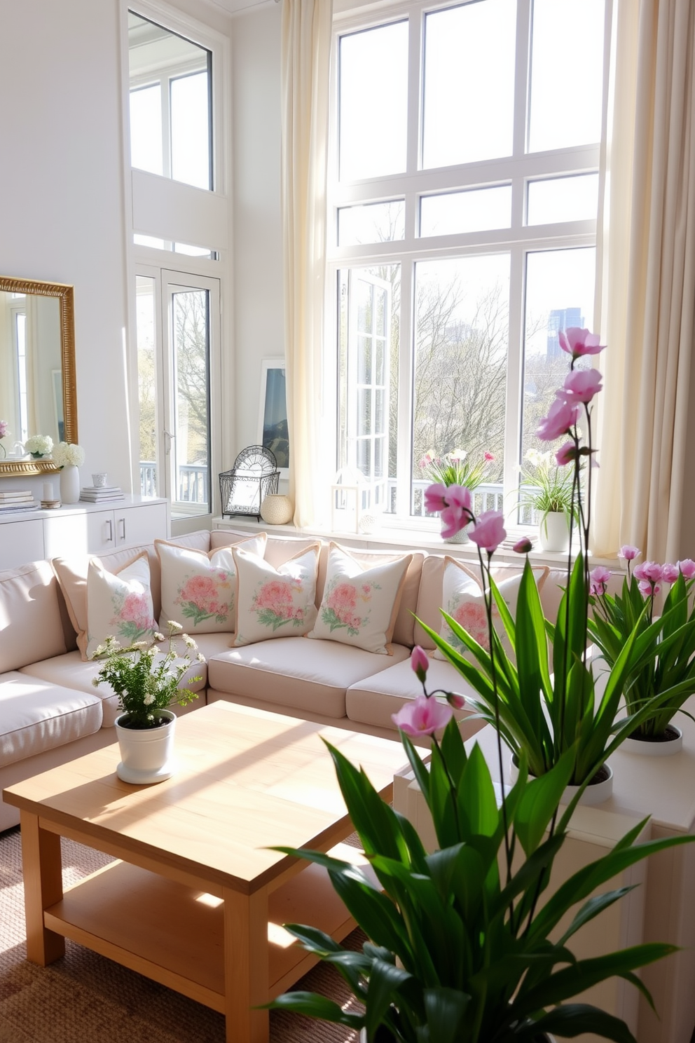 A bright and airy spring apartment filled with fresh blooms and pastel accents. Large windows allow natural light to flood the space, with mirrors strategically placed to amplify the brightness. Soft floral patterns adorn the throw pillows and curtains, creating a cheerful atmosphere. A light wood coffee table sits in the center, surrounded by a cozy sectional sofa and vibrant greenery in decorative pots.