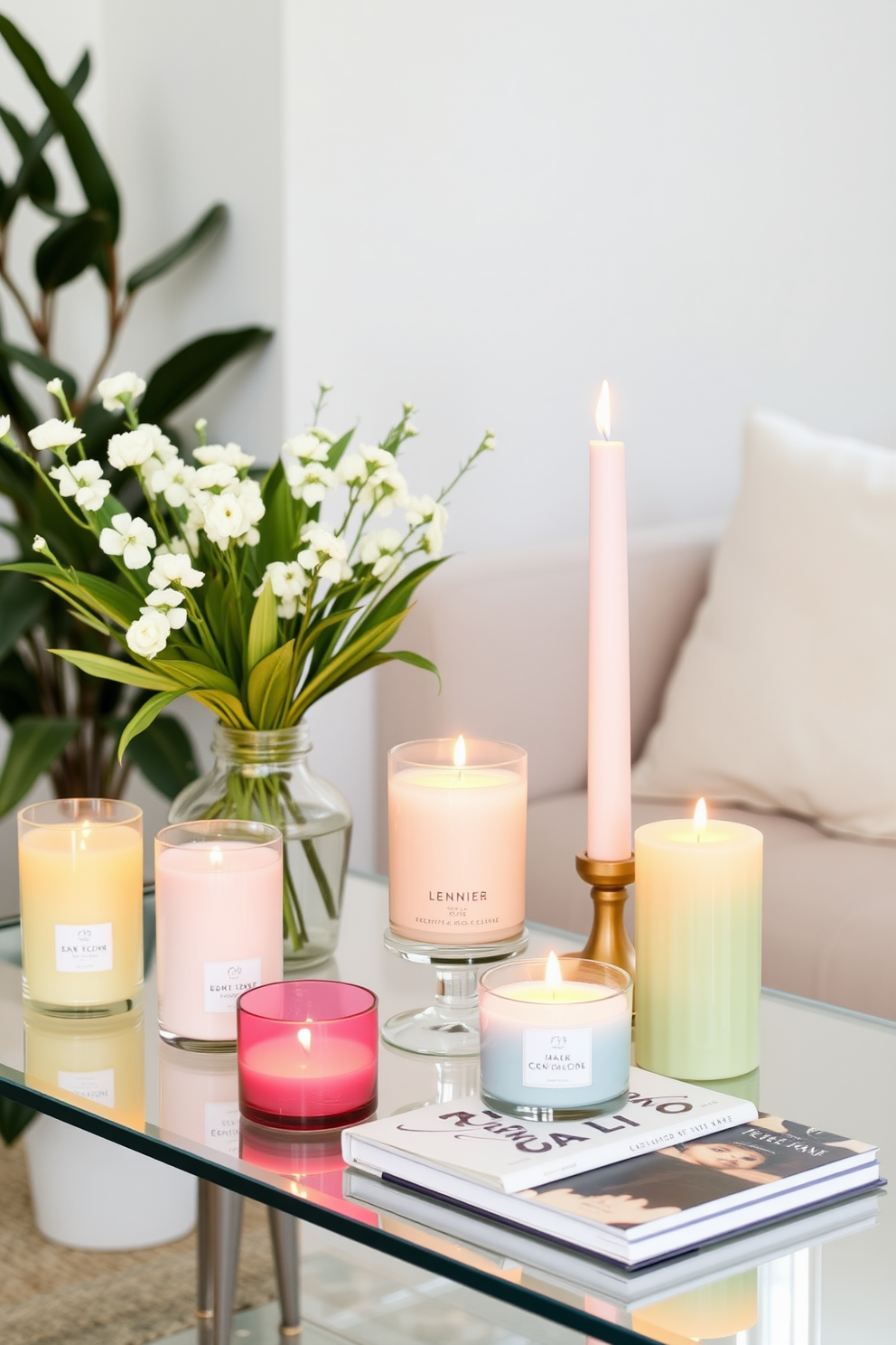 Decorate your apartment for spring with a collection of seasonal scented candles placed on various surfaces. Choose pastel-colored holders that complement your decor, creating a warm and inviting atmosphere throughout the space.