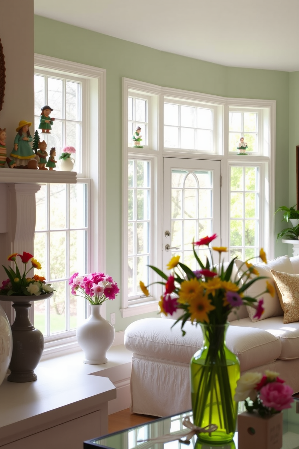 A bright and airy living room filled with natural light. Whimsical garden figurines are strategically placed on shelves and windowsills, adding a playful touch to the decor. The walls are painted in soft pastel colors, creating a cheerful atmosphere. Fresh flowers in colorful vases complement the figurines and enhance the spring theme.