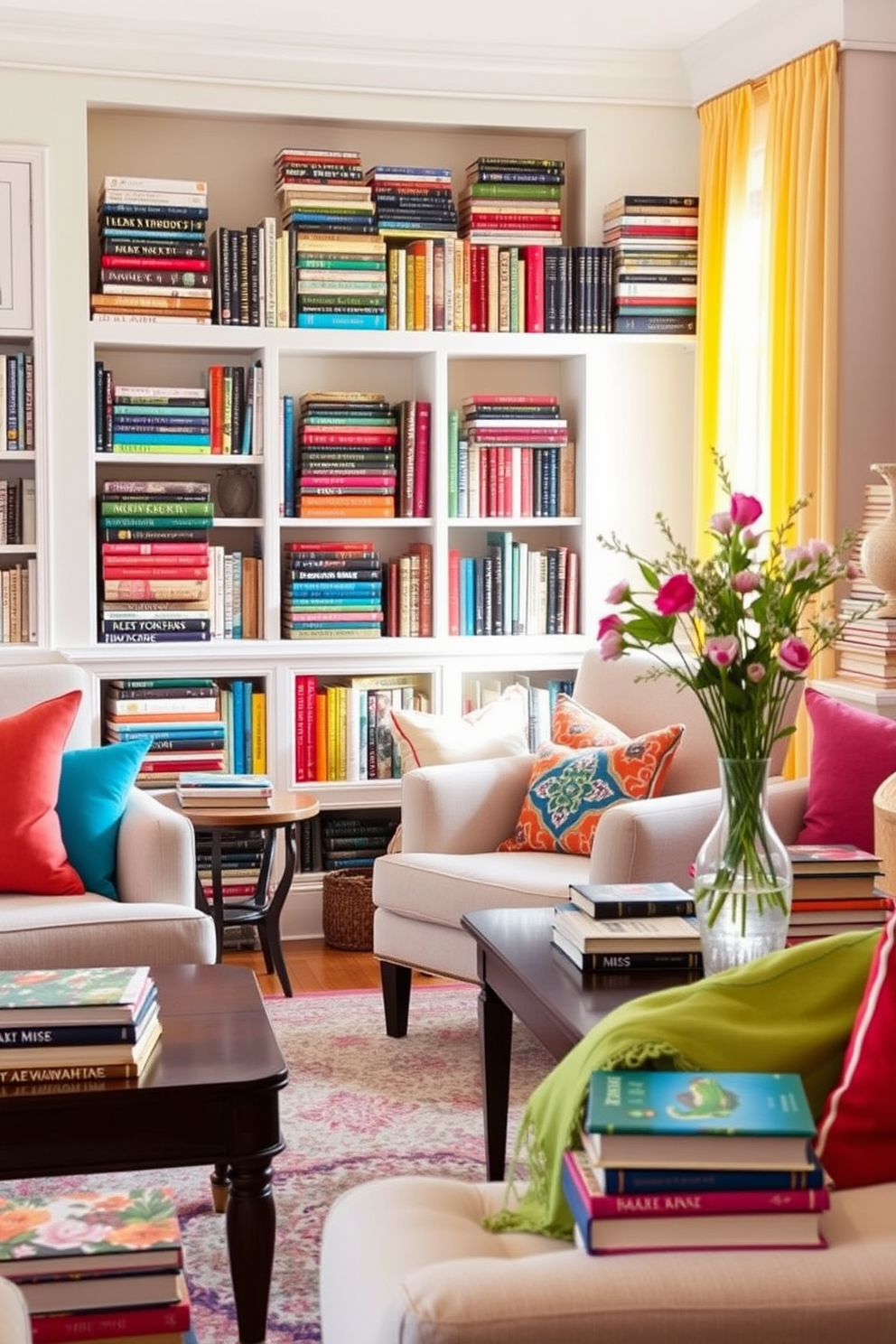 A bright and airy living room filled with colorful books stacked on shelves and artfully arranged on coffee tables. The walls are painted in soft pastels, and vibrant cushions and throws add pops of color to the neutral furniture. A cozy reading nook by the window features a plush armchair surrounded by an array of colorful books in various sizes. Fresh flowers in a vase bring a touch of spring to the space, enhancing the cheerful atmosphere.